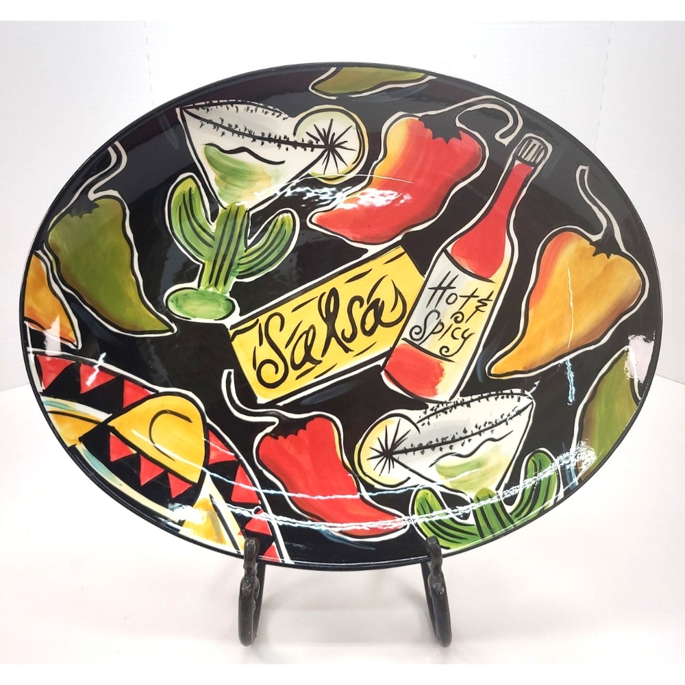 Clay Art "Salsa !" Deep Dish Hand Painted Oval Serving Platter 17"x13"